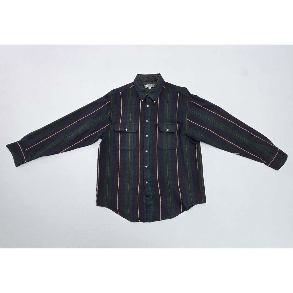 River Trader Mens Large Vintage Striped Flannel Shirt Green Blue Acrylic L/S